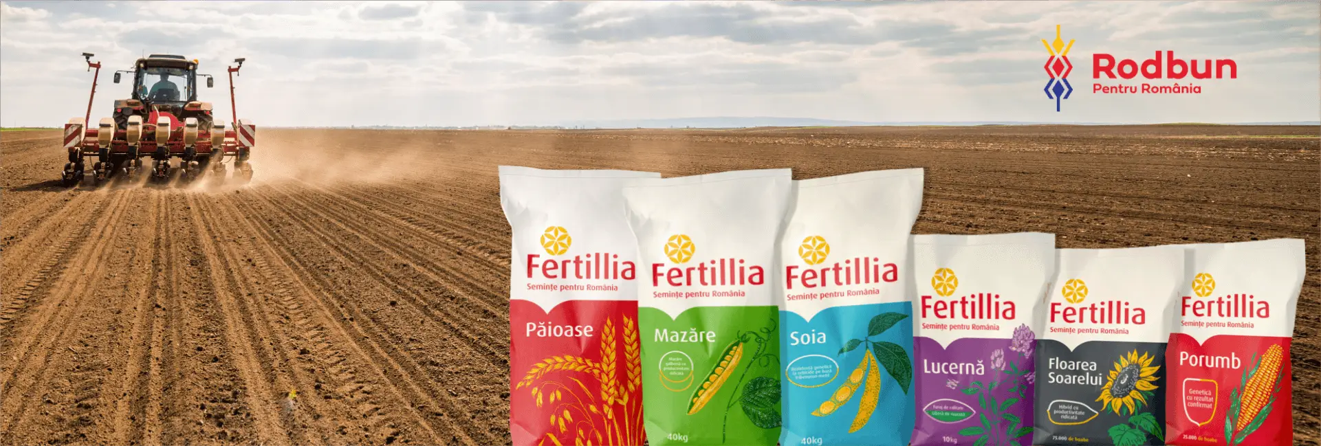 Tractor la semănat și saci de semințe Fertillia – divizia de semințe a Rodbun Grup – pentru păioase, mazăre, soia, lucernă, floarea-soarelui și porumb.
